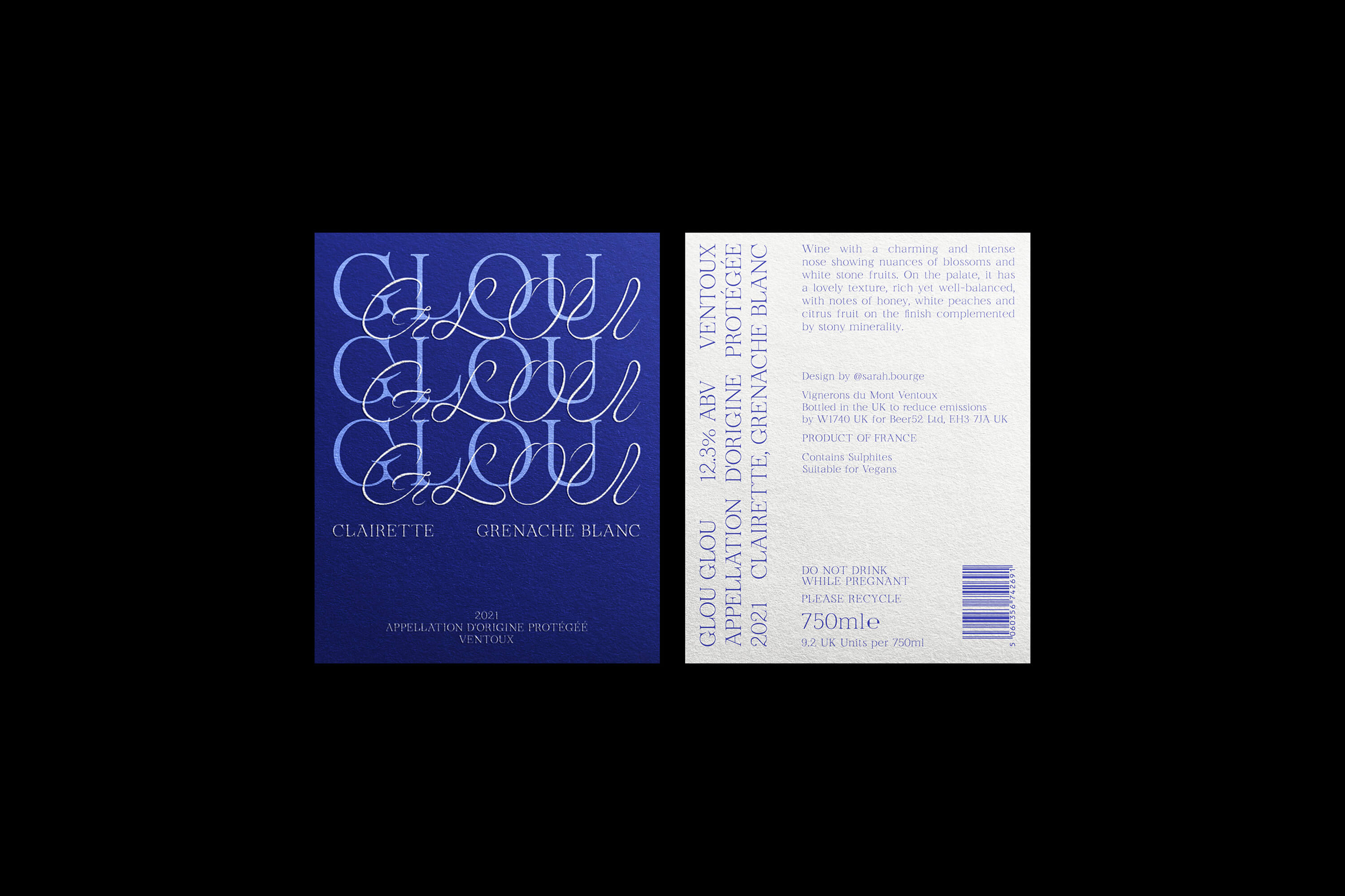 Front and back label mockups side by side on a black background — the front with the repeated cursive wordmark and varietal names, the back with tasting notes, production info, and barcode.