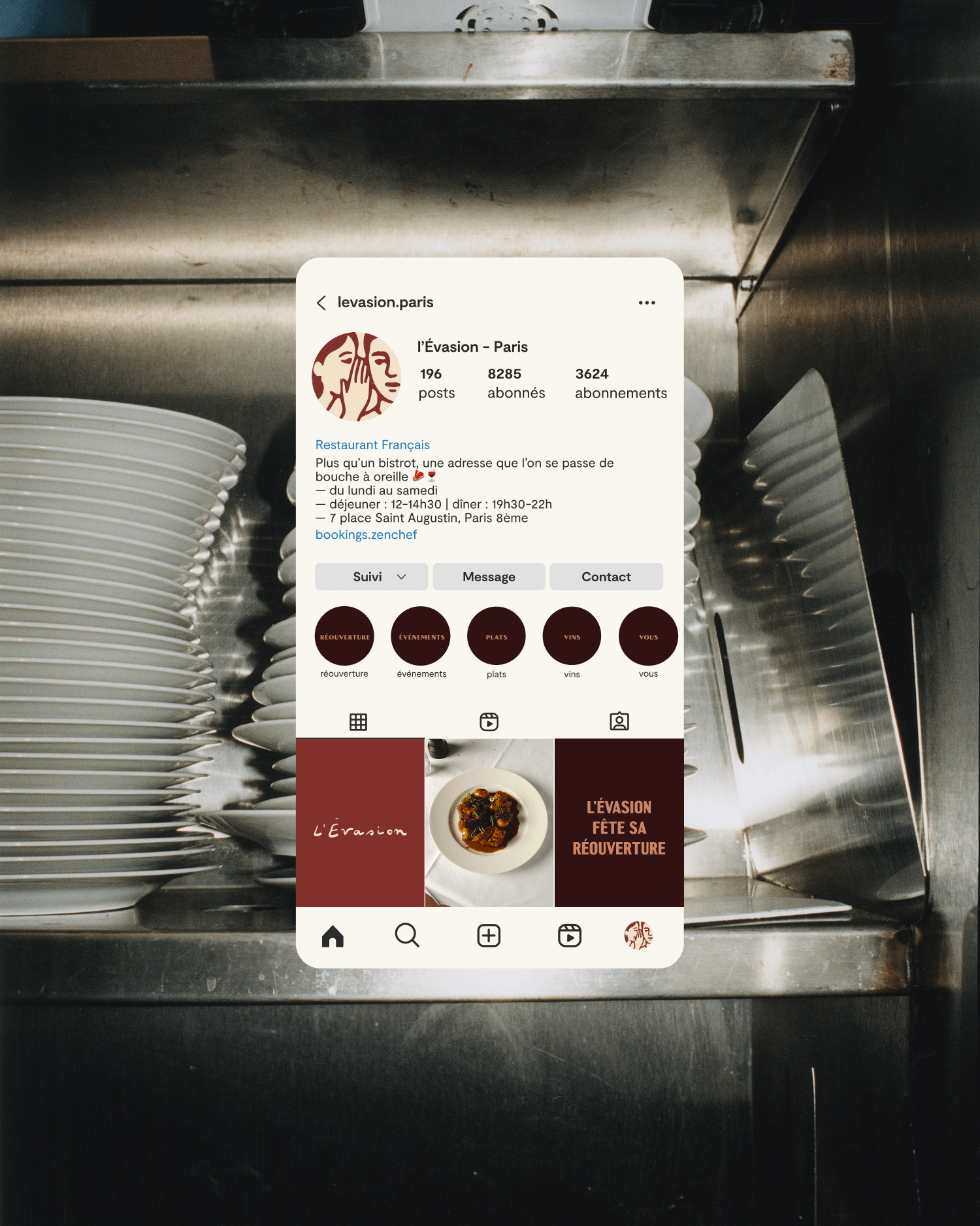 Instagram profile page for "l'Évasion - Paris" shown on a phone screen, with a stack of white plates in the background.