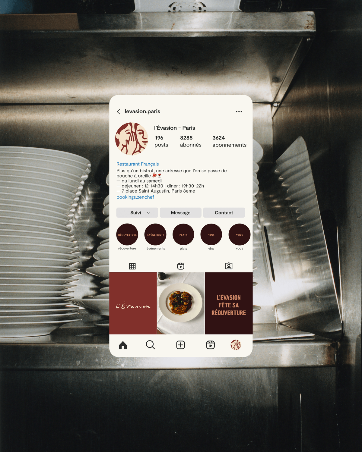 Instagram profile page for "l'Évasion - Paris" shown on a phone screen, with a stack of white plates in the background.