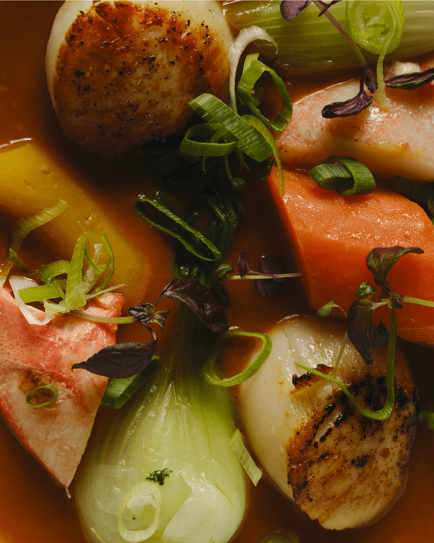 Overhead close-up of a seared scallop dish with grilled vegetables and herbs in a savory broth.