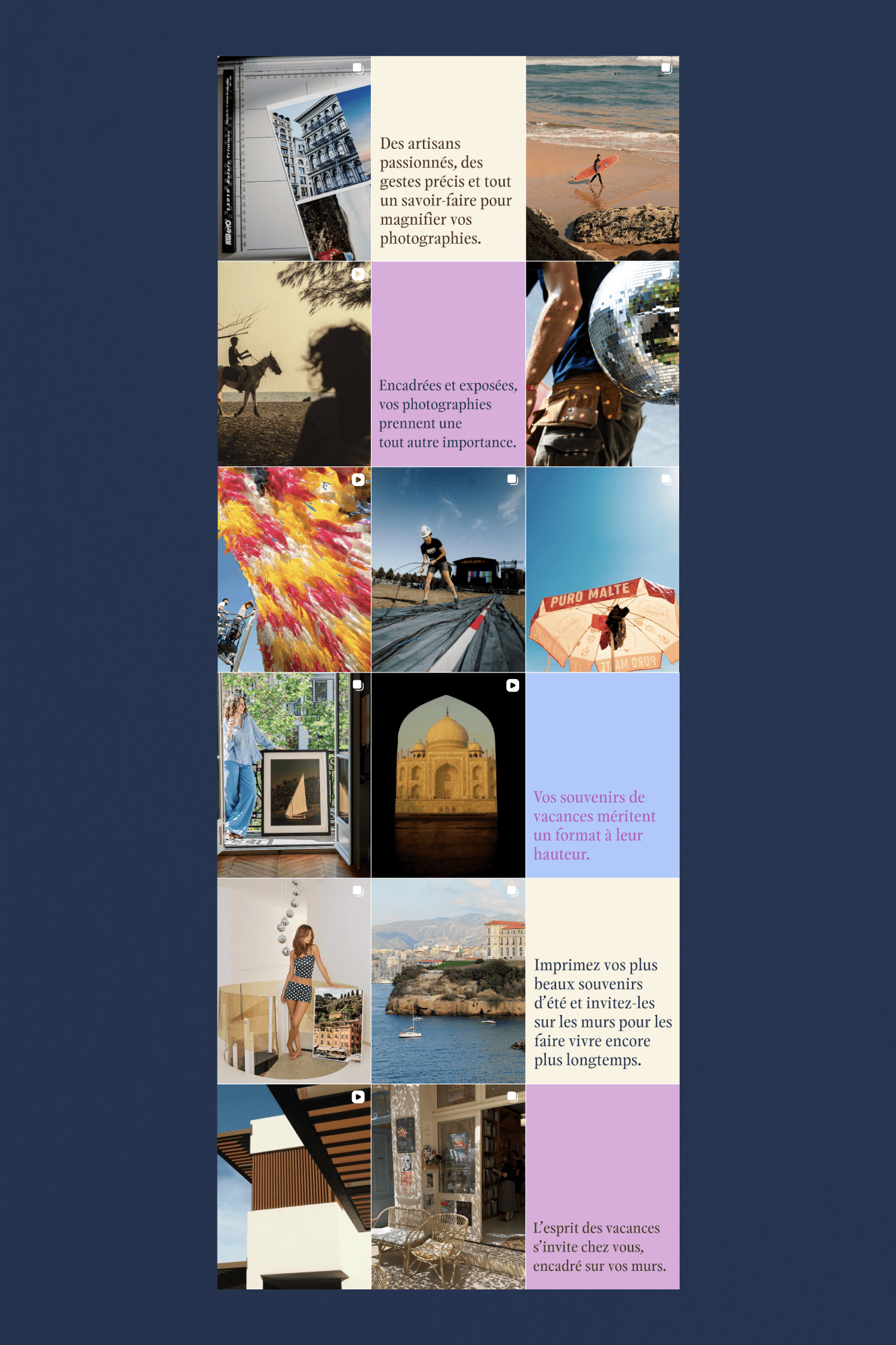 Instagram grid preview on a navy background featuring travel and lifestyle photos alongside French captions.