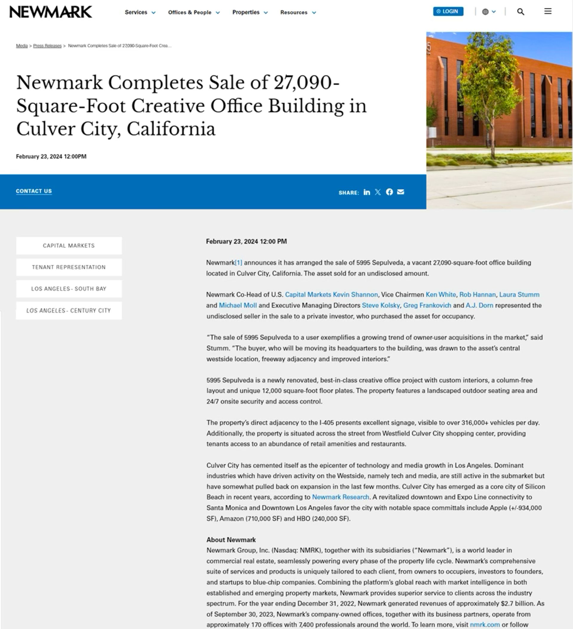 Newmark Completes Sale of 27,090-Square-Foot Creative Office Building in Culver City, California