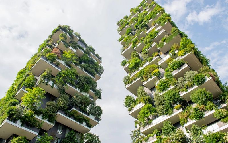 Green residential towers planted with trees