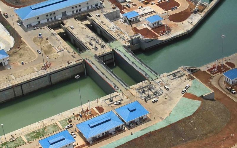 Aerial view of new lock gates at the Panama Canal