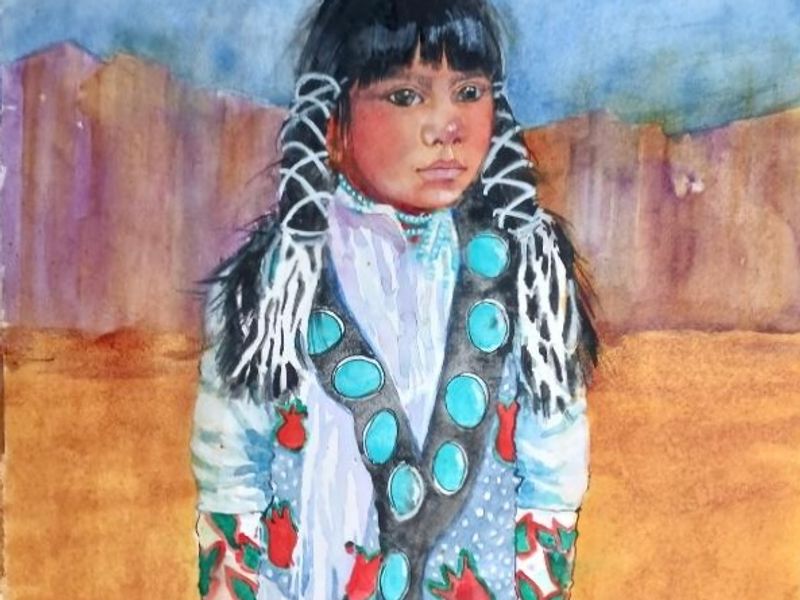 Watercolor portrait of a young boy in regalia
