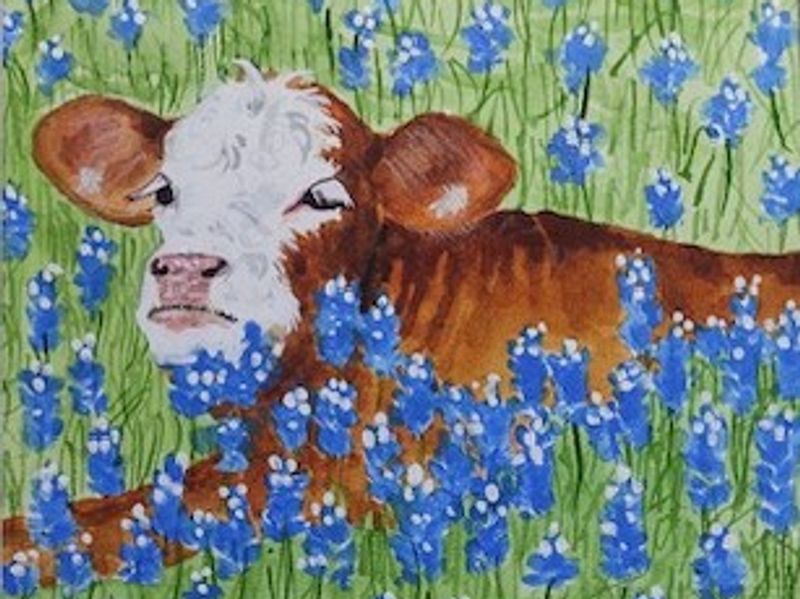 Painting of a calf in a Texas bluebonnet flower field