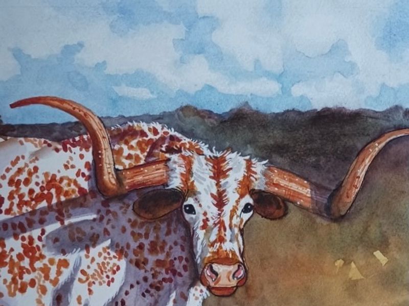 Close-up watercolor portrait of a longhorn