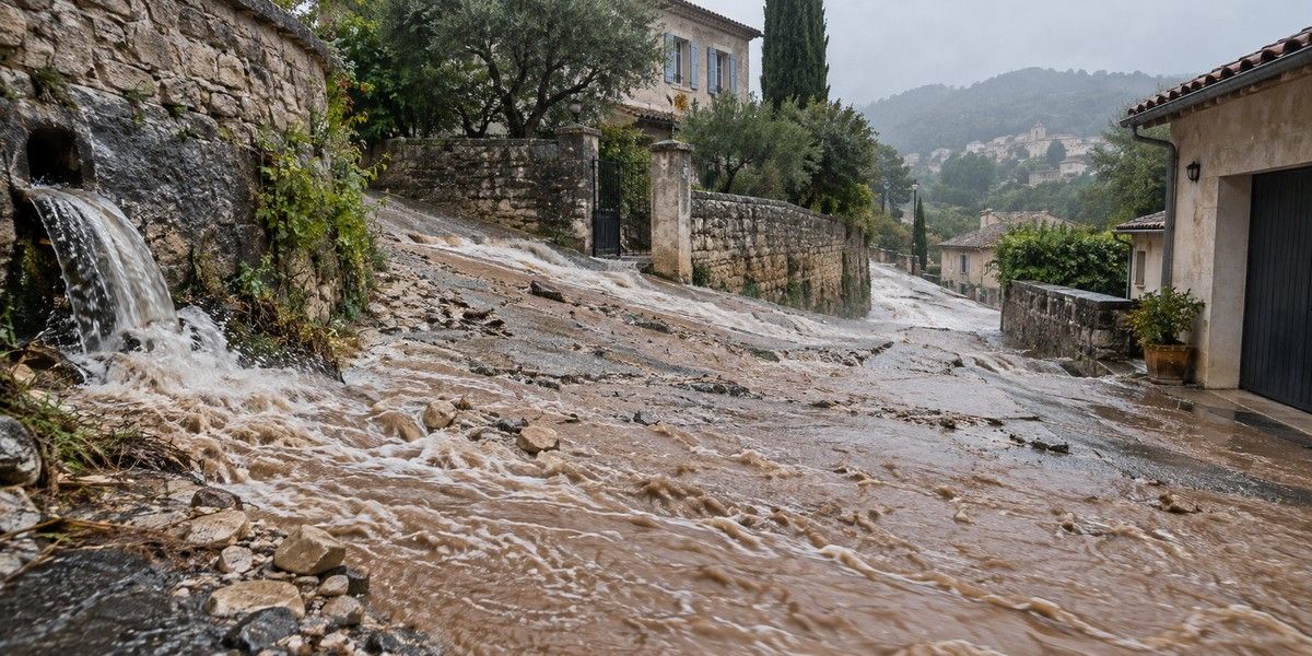 Ruissellement torrentiel et eau boueuse sur une rue en pente bordée de maisons et de murs en pierre