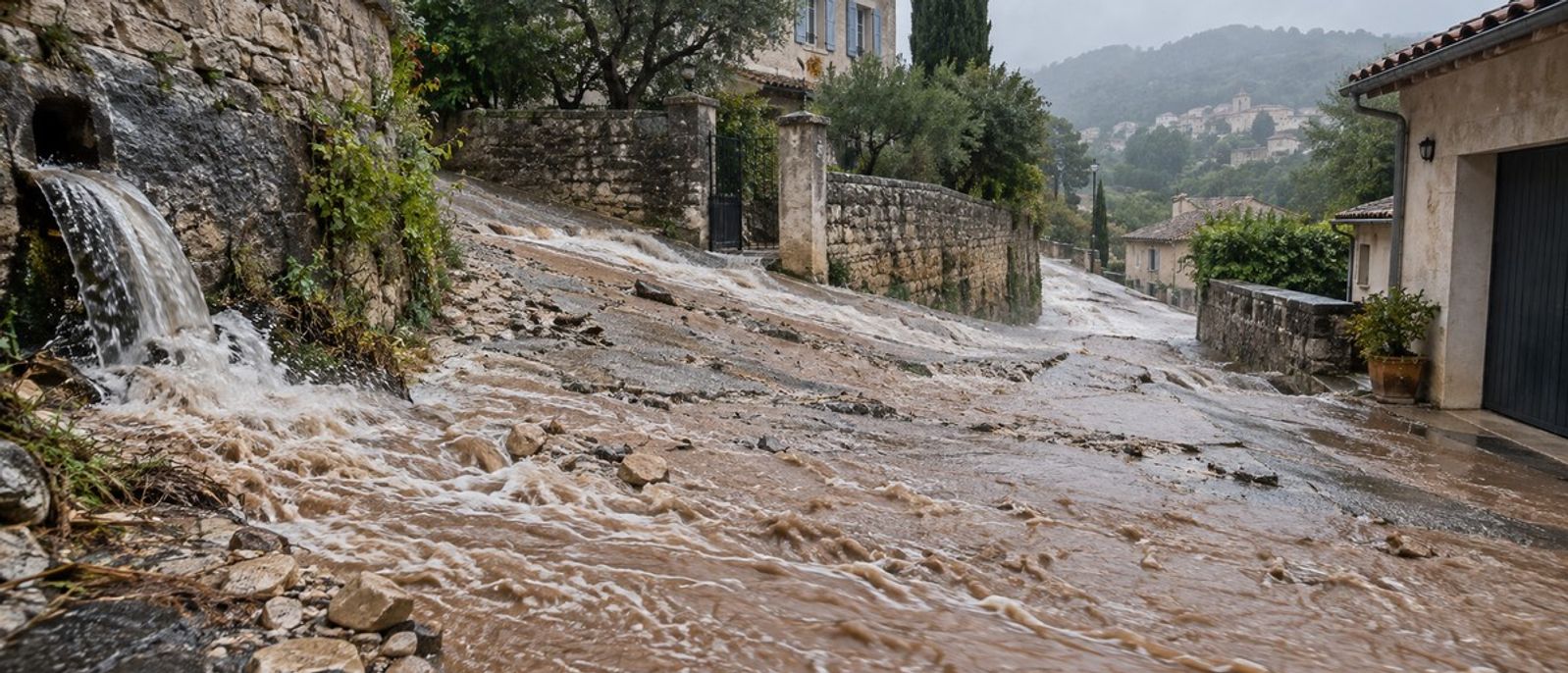Ruissellement torrentiel et eau boueuse sur une rue en pente bordée de maisons et de murs en pierre