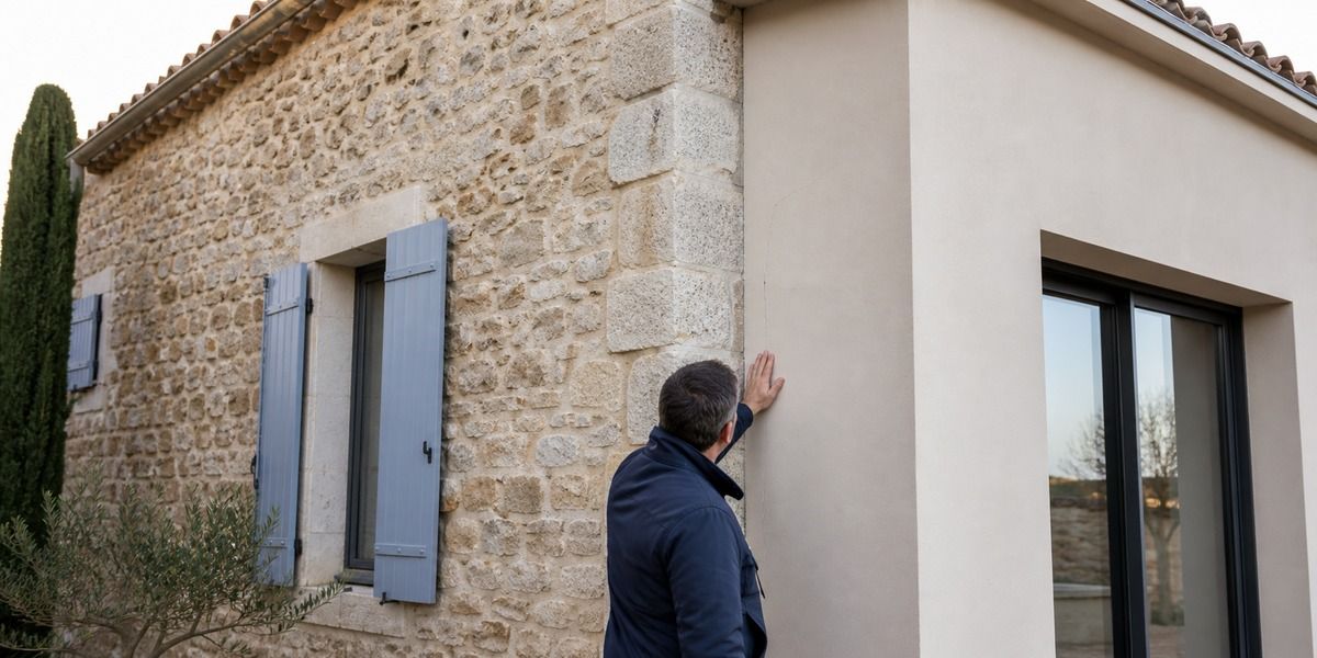 Inspection de la jonction entre une villa ancienne et une extension enduite