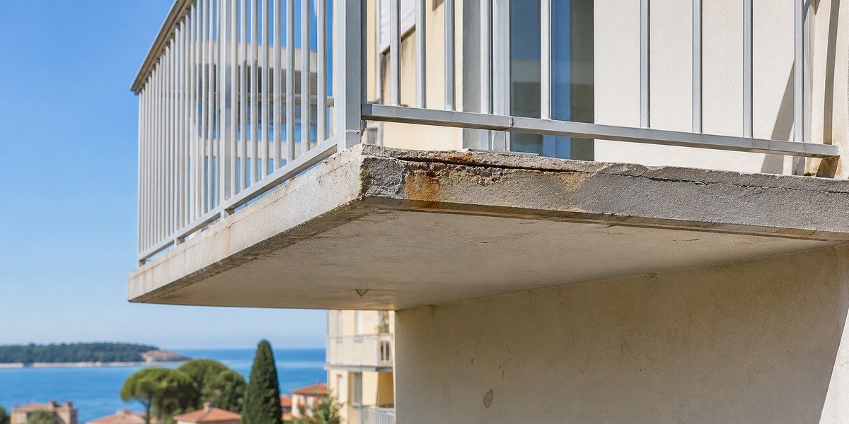 Nez de balcon en béton fissuré avec traces de corrosion face à la mer
