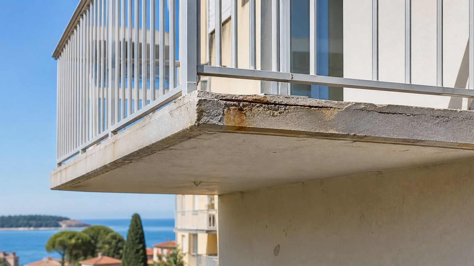 Nez de balcon en béton fissuré avec traces de corrosion face à la mer