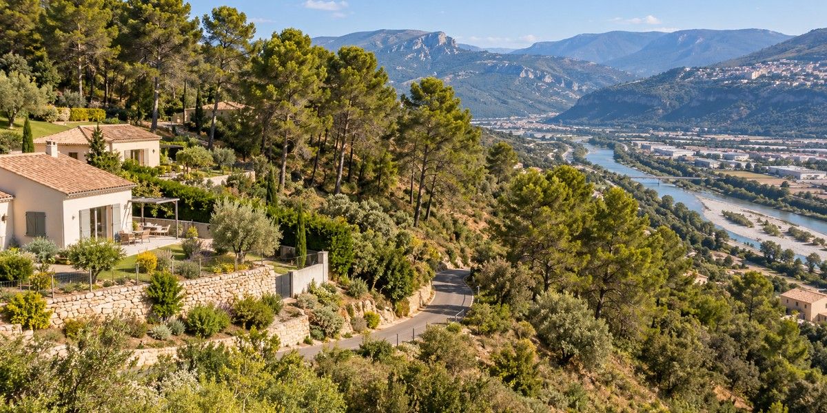 Illustration réaliste de maisons en lisière de pins et de garrigue sur les coteaux dominant la vallée du Var
