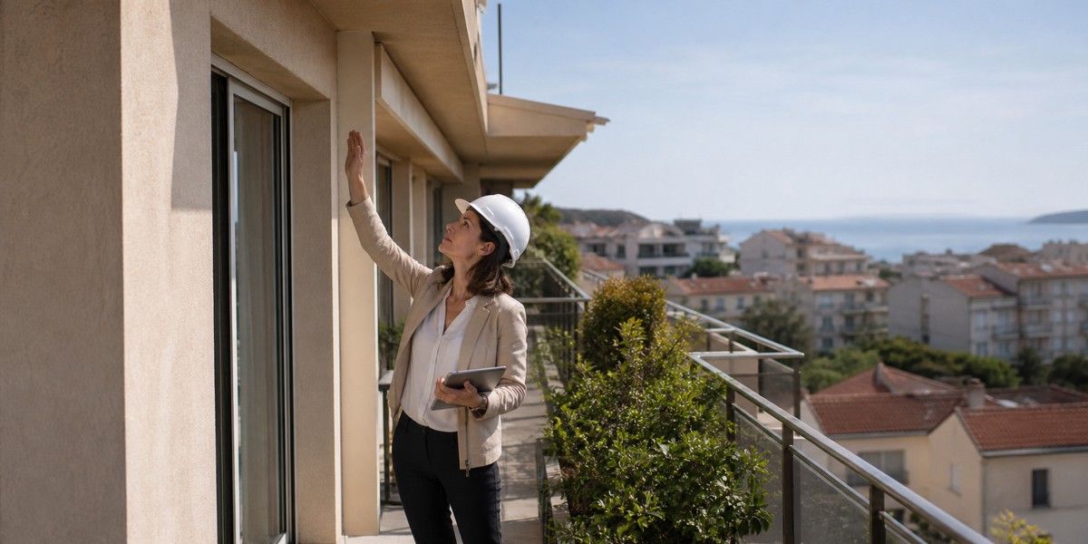 Experte inspectant une façade et une terrasse résidentielle à Cannes
