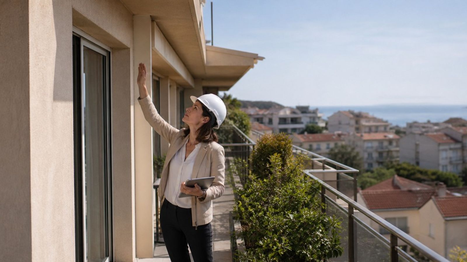 Experte inspectant une façade et une terrasse résidentielle à Cannes