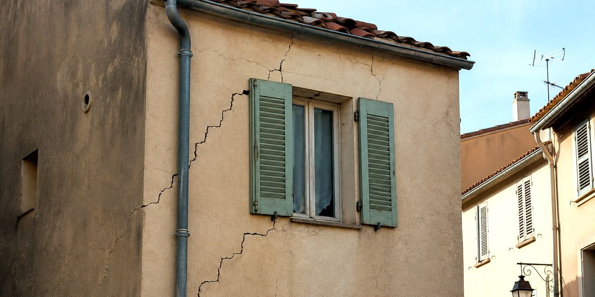 Fissures en escalier sur la façade en maçonnerie d’un bâtiment ancien à Vallauris.