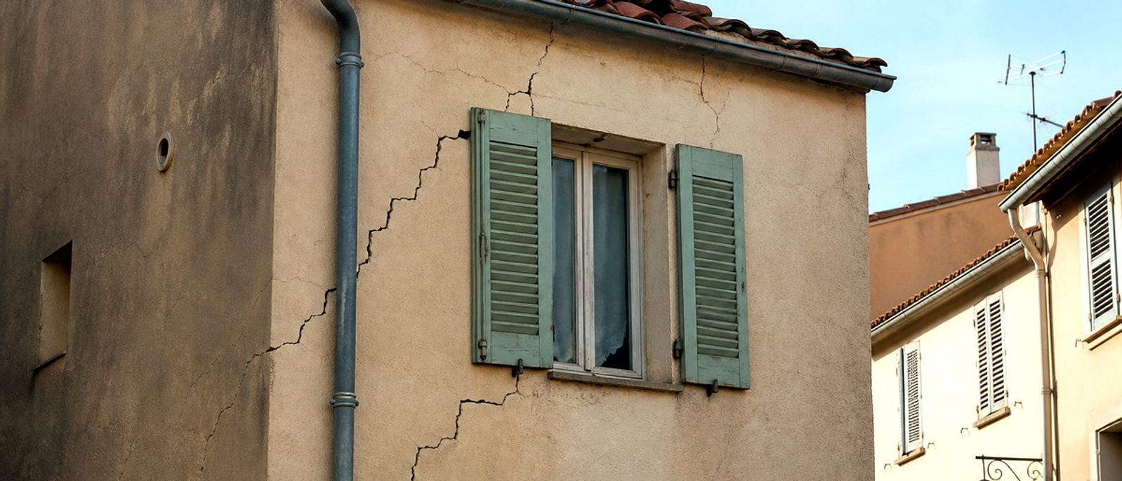 Fissures en escalier sur la façade en maçonnerie d’un bâtiment ancien à Vallauris.