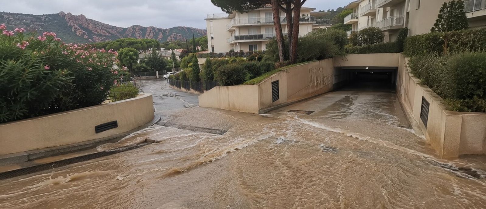 Eaux boueuses ruisselant vers la rampe d’un parking souterrain dans un quartier résidentiel méditerranéen évoquant Mandelieu-la-Napoule