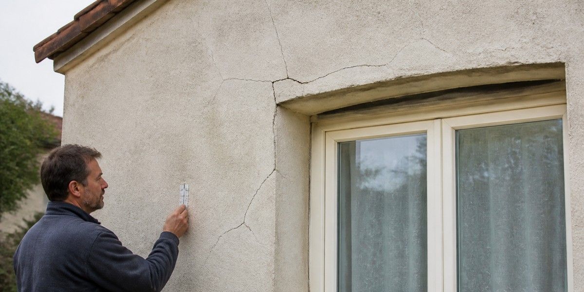 Expert observant plusieurs fissures autour d'une baie en façade