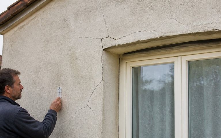 Expert observant plusieurs fissures autour d'une baie en façade