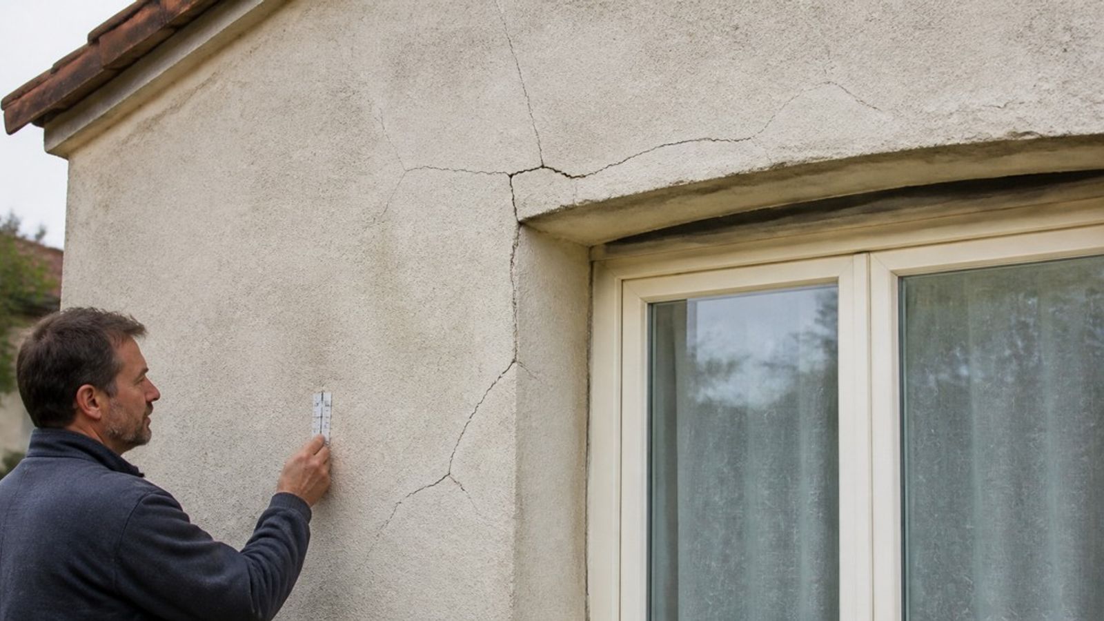 Expert observant plusieurs fissures autour d'une baie en façade