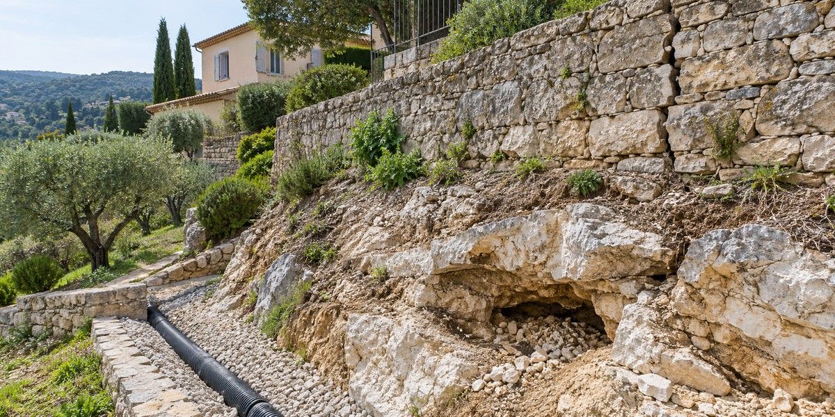 Terrain en pente avec affleurement rocheux, drainage et mur de soutènement près d’une maison méditerranéenne