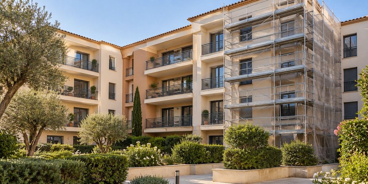 Immeuble résidentiel avec balcons et cour arborée, dont une partie de la façade est entourée d’un échafaudage.