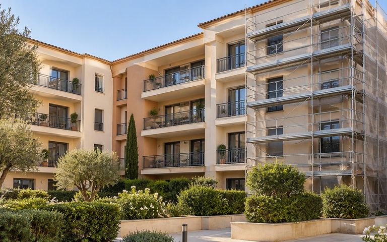 Immeuble résidentiel avec balcons et cour arborée, dont une partie de la façade est entourée d’un échafaudage.
