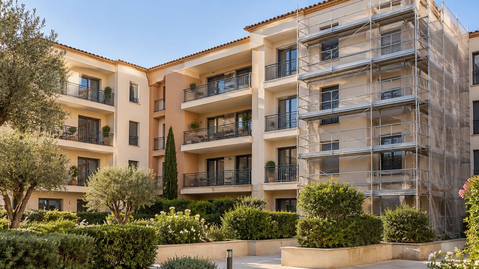 Immeuble résidentiel avec balcons et cour arborée, dont une partie de la façade est entourée d’un échafaudage.