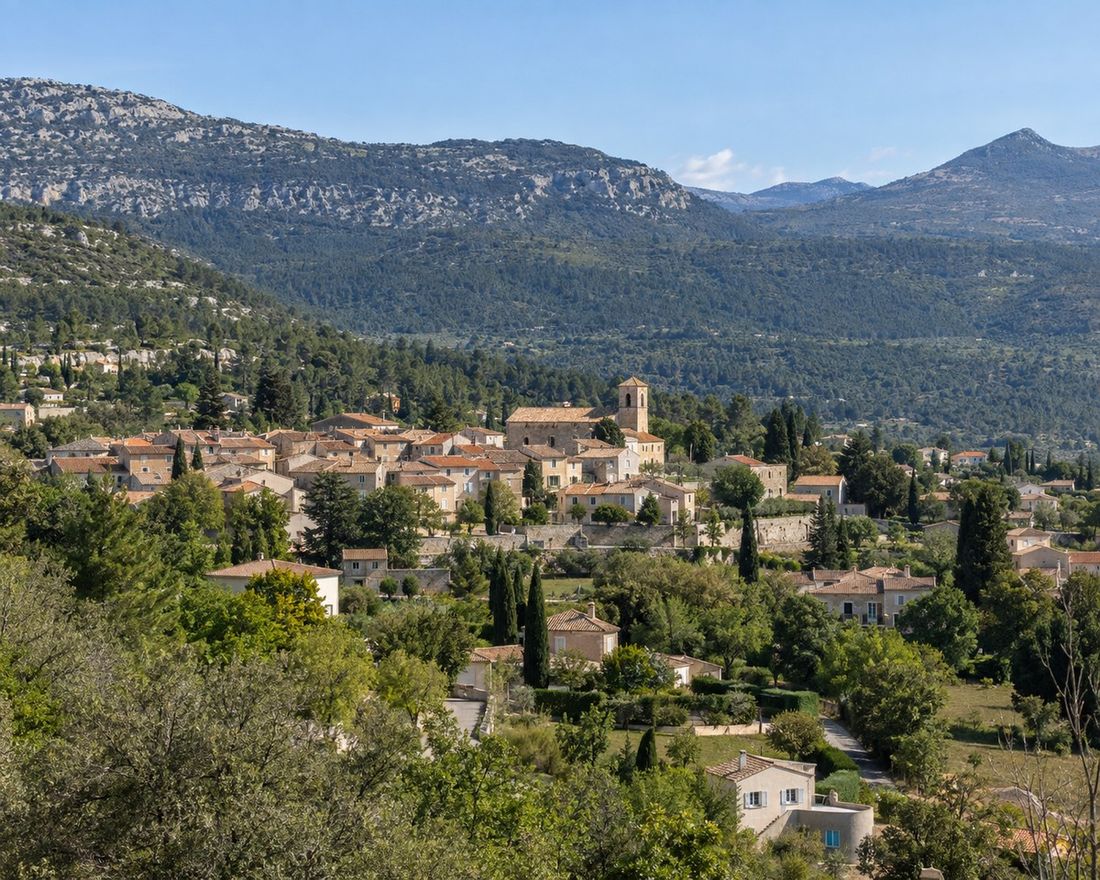 Vue générale réaliste de Saint-Vallier-de-Thiey, de son village et des reliefs boisés des Préalpes