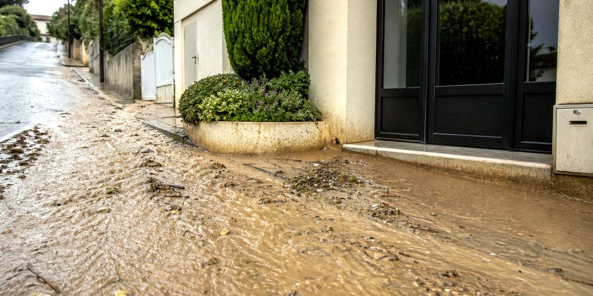 Ruissellement boueux atteignant le seuil d’un immeuble dans une rue en pente à Vallauris.