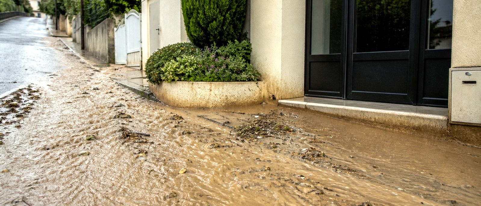 Ruissellement boueux atteignant le seuil d’un immeuble dans une rue en pente à Vallauris.