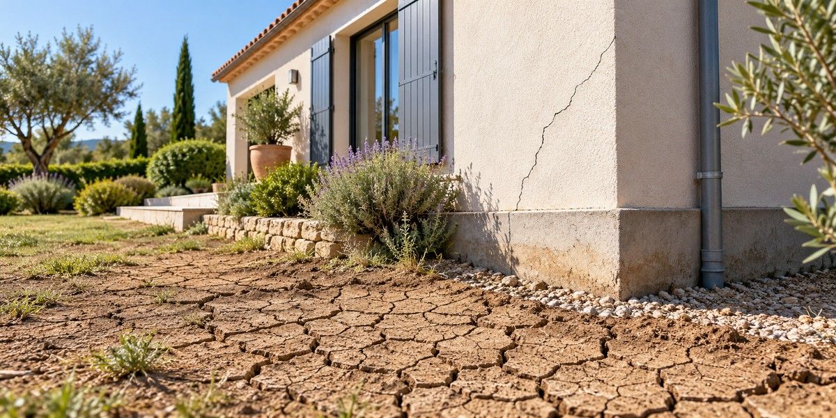 Sol argileux desséché et fissuré au pied d’une maison présentant une fissure diagonale en façade