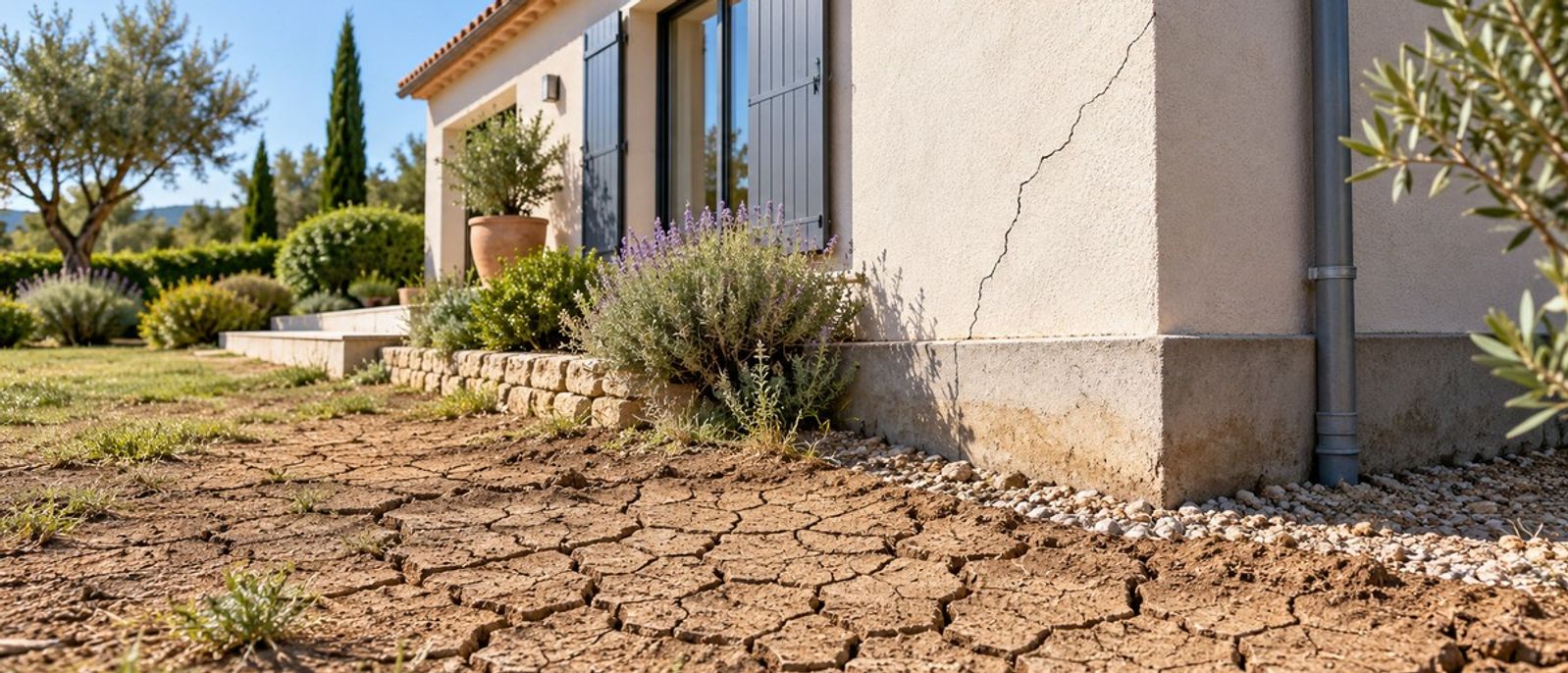 Sol argileux desséché et fissuré au pied d’une maison présentant une fissure diagonale en façade