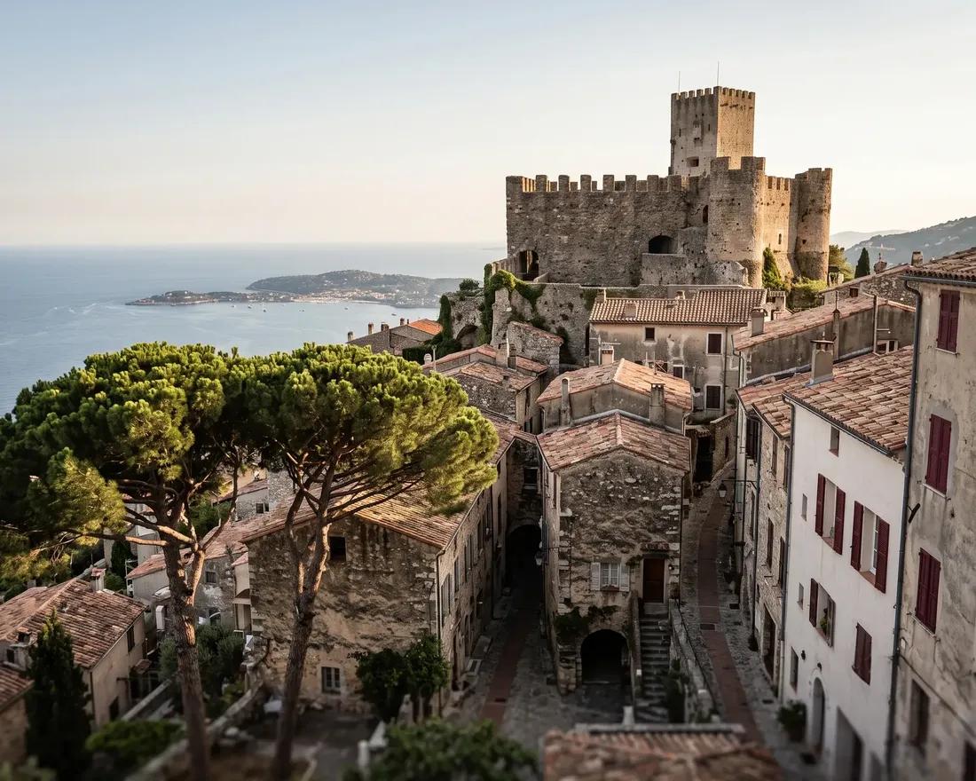 Vue du château et des toits du village perché de Roquebrune-Cap-Martin, avec la Méditerranée en arrière-plan.