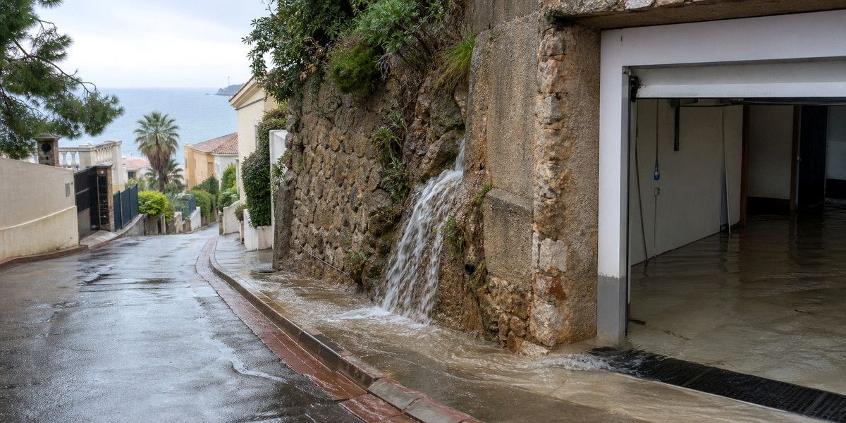 Ruissellement intense descendant une rue en pente vers un garage bas à Roquebrune-Cap-Martin.