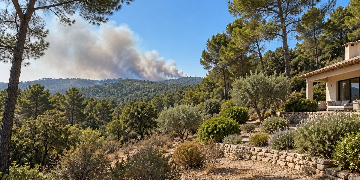 Maison en lisière d’un massif méditerranéen avec panache de fumée au loin, illustration du risque de feu de forêt