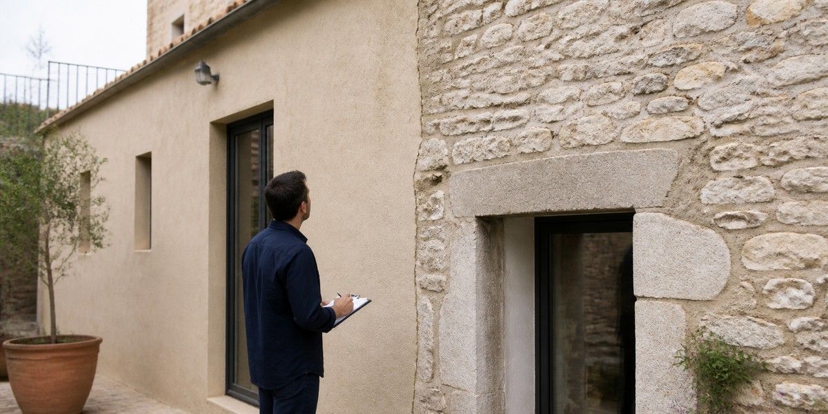 Examen de la liaison entre une maçonnerie ancienne et une extension enduite
