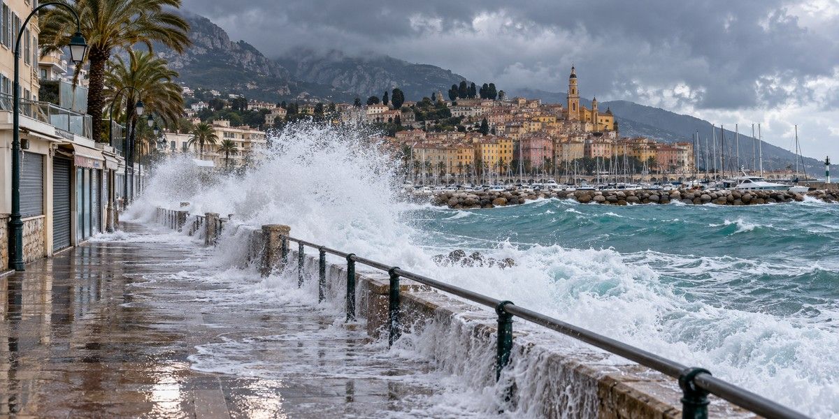 Fortes vagues franchissant une promenade littorale de Menton devant le port et la vieille ville