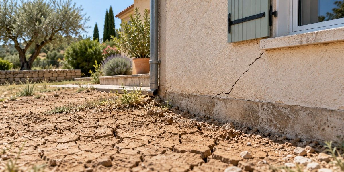 Sol argileux desséché et fissuré au pied d’une maison présentant une fissure diagonale en façade