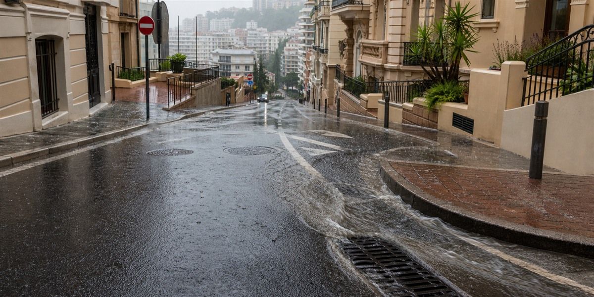 Eaux de ruissellement descendant une rue en pente de Monaco lors d’un orage méditerranéen