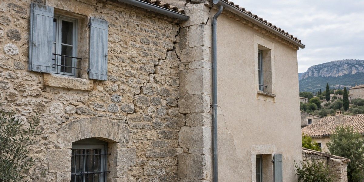 Fissures visibles à la jonction entre une maçonnerie ancienne en pierre et une extension enduite