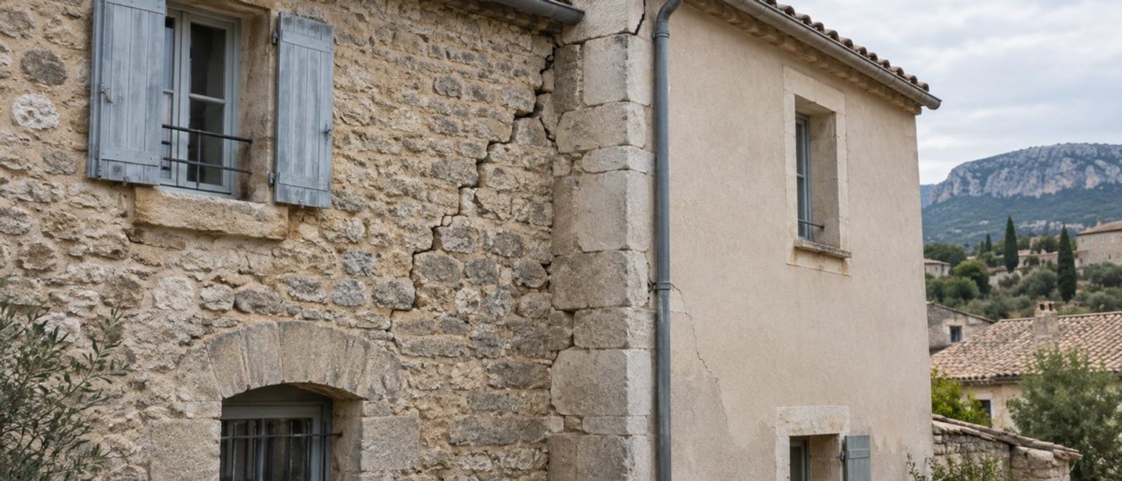 Fissures visibles à la jonction entre une maçonnerie ancienne en pierre et une extension enduite