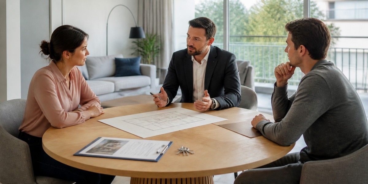 Couple séparé échangeant avec un expert autour du plan et de l'estimation d'un appartement