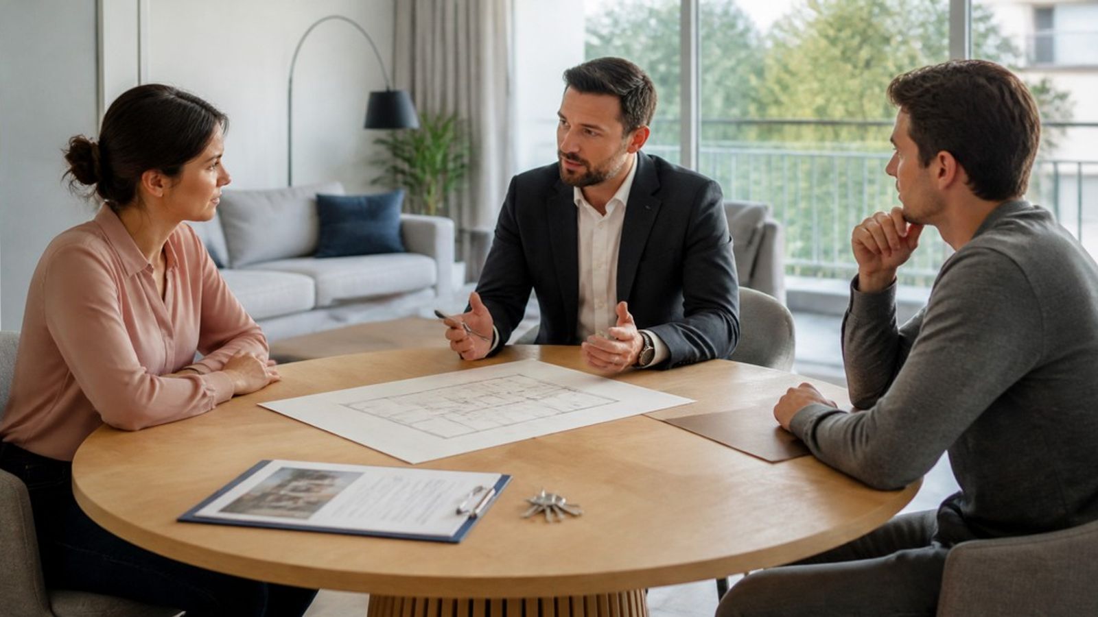 Couple séparé échangeant avec un expert autour du plan et de l'estimation d'un appartement