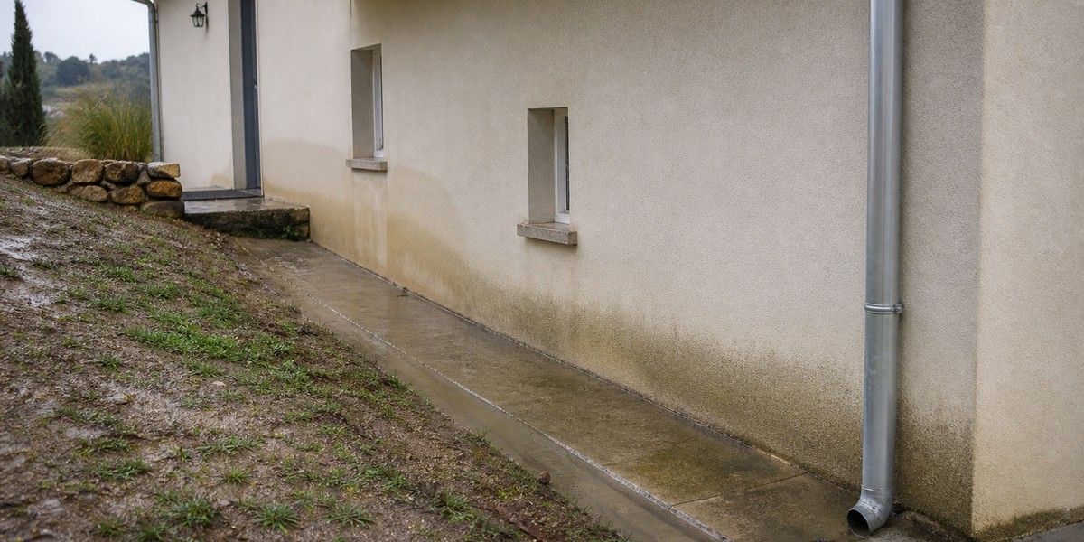 Façade humide d'une maison sur terrain en pente après la pluie, avec descente d'eau et rigole périphérique.