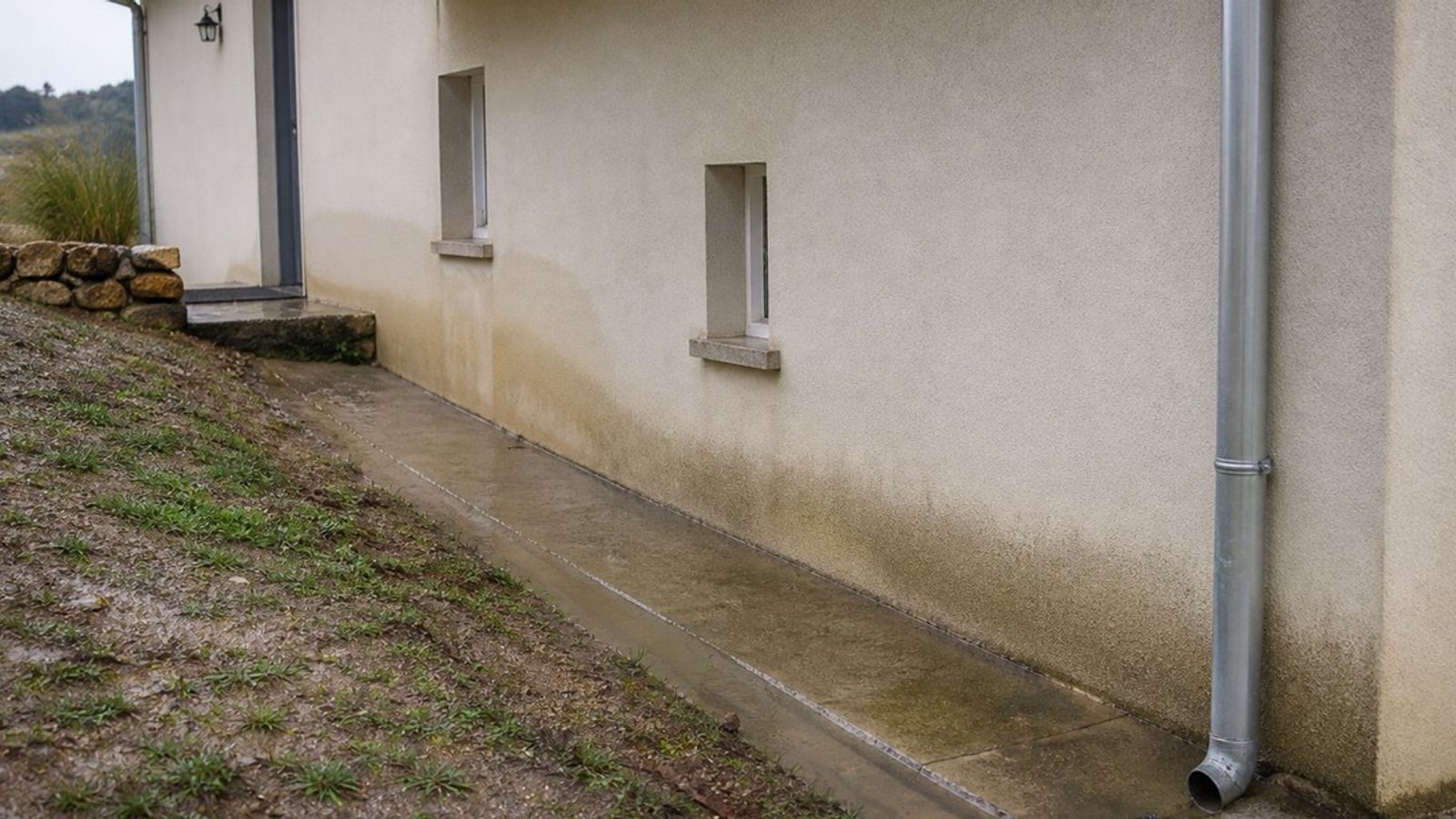 Façade humide d'une maison sur terrain en pente après la pluie, avec descente d'eau et rigole périphérique.