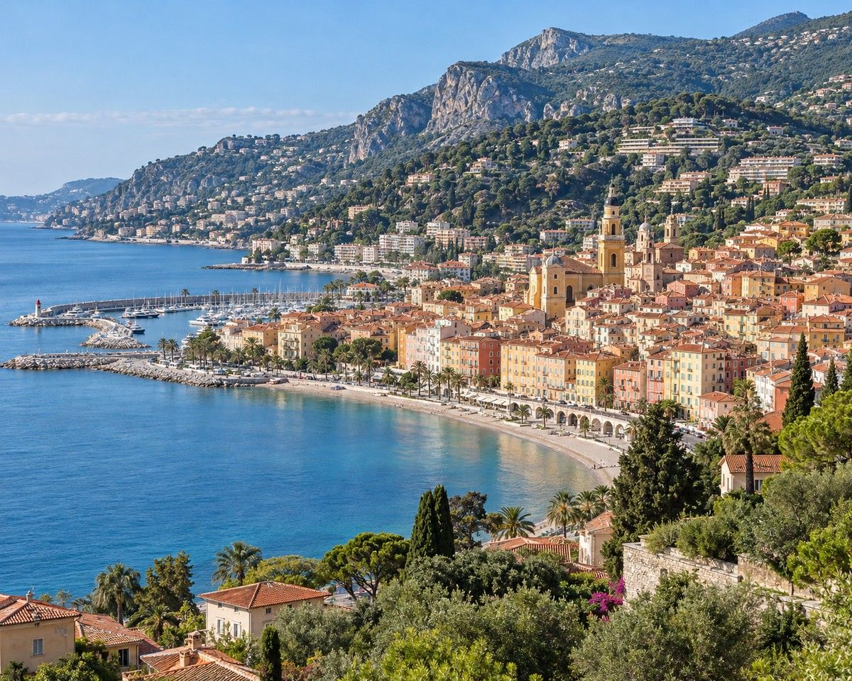 Vue urbaine réaliste illustrant la vieille ville de Menton, la baie, le port de Garavan et les reliefs côtiers