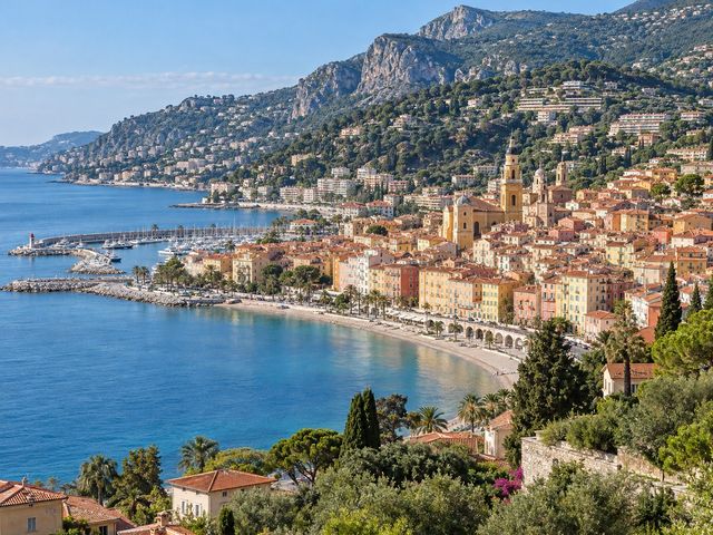 Vue urbaine réaliste illustrant la vieille ville de Menton, la baie, le port de Garavan et les reliefs côtiers