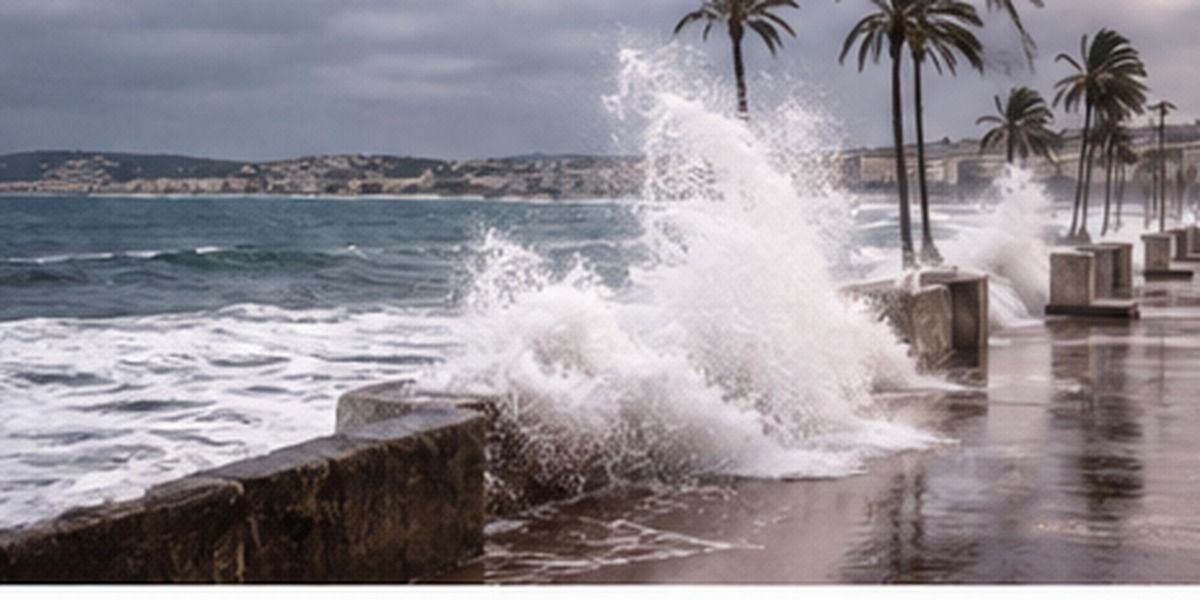 Fortes vagues frappant le front de mer de Cannes lors d’un épisode de submersion marine